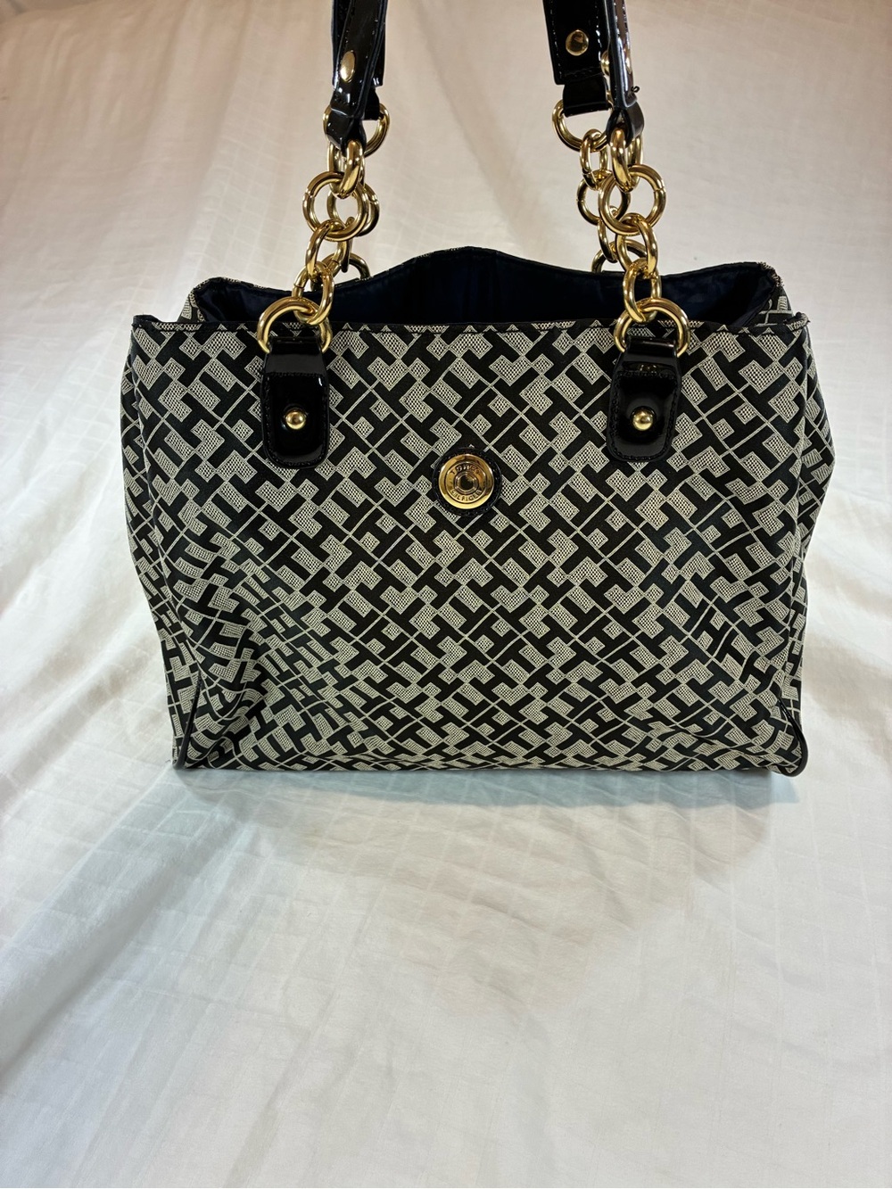 Tommy Hilfiger Black & Ivory Logo Jacquard Chain-Handle Tote